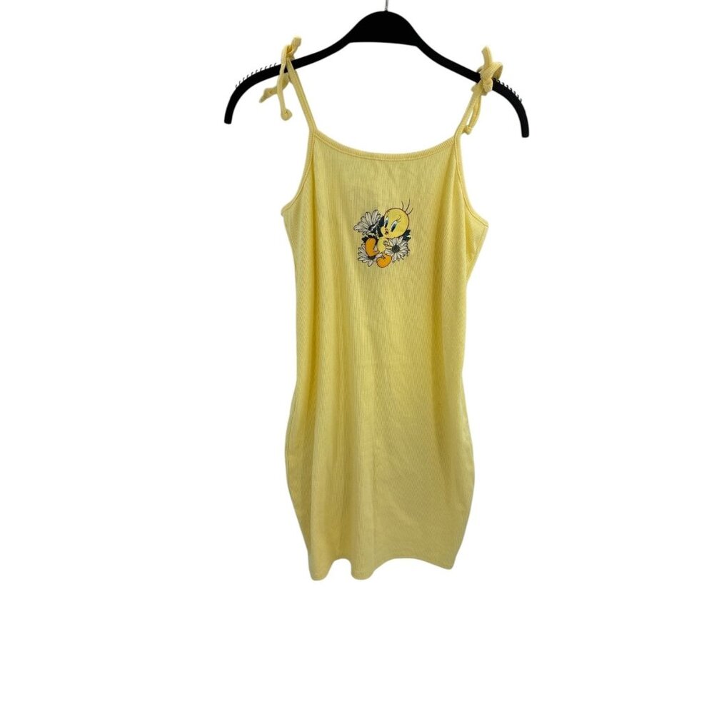 Looney Tunes Womens L Yellow Tweety Bird Dress Sleeveless Summer Cartoon Graphic